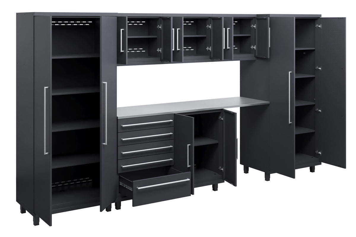 Prestige Series 8pc Cabinets Set with Base, Tool Drawers, Wall Cabinets and 36" Lockers