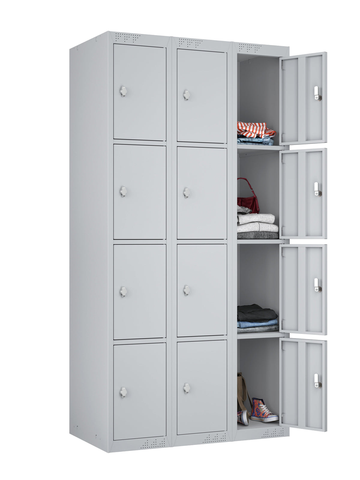 KDK Triple Unit Locker 4 - Tier Flat Pack - Main Unit (1) and Add-on (2) Unit - Light Grey