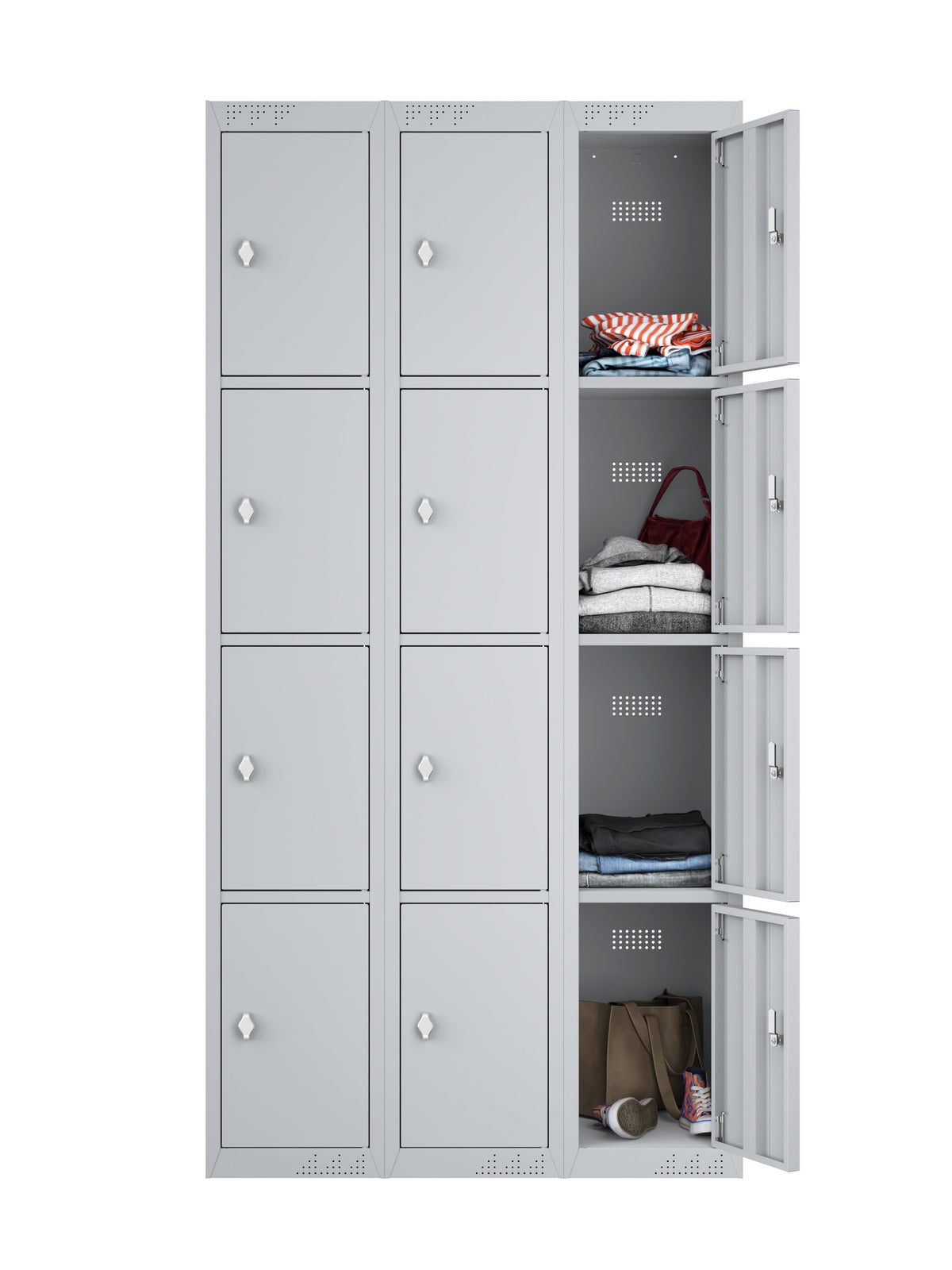 KDK Triple Unit Locker 4 - Tier Flat Pack - Main Unit (1) and Add-on (2) Unit - Light Grey