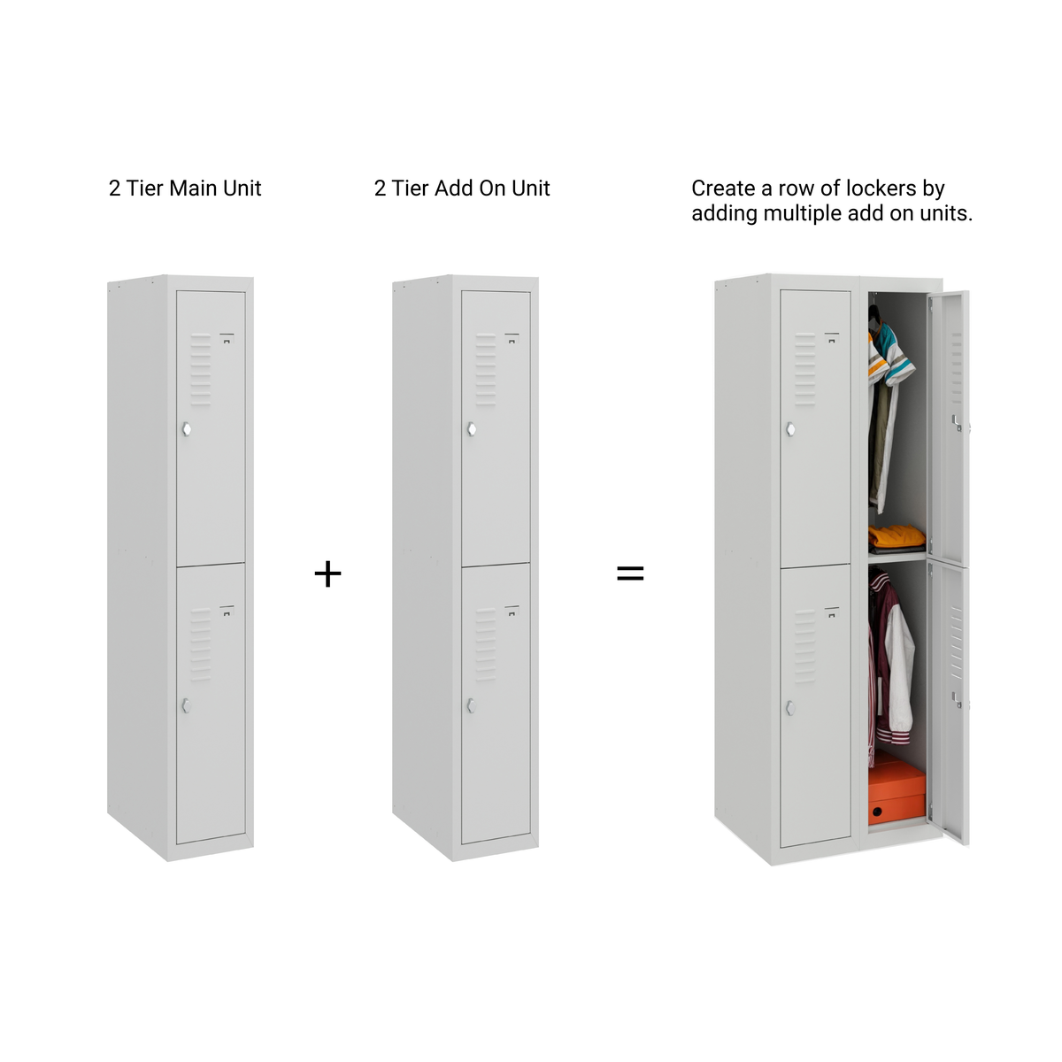BDS Double Unit Locker 2 - Tier Flat Pack - Main (1) and Add-on (1) Unit - Light Gray