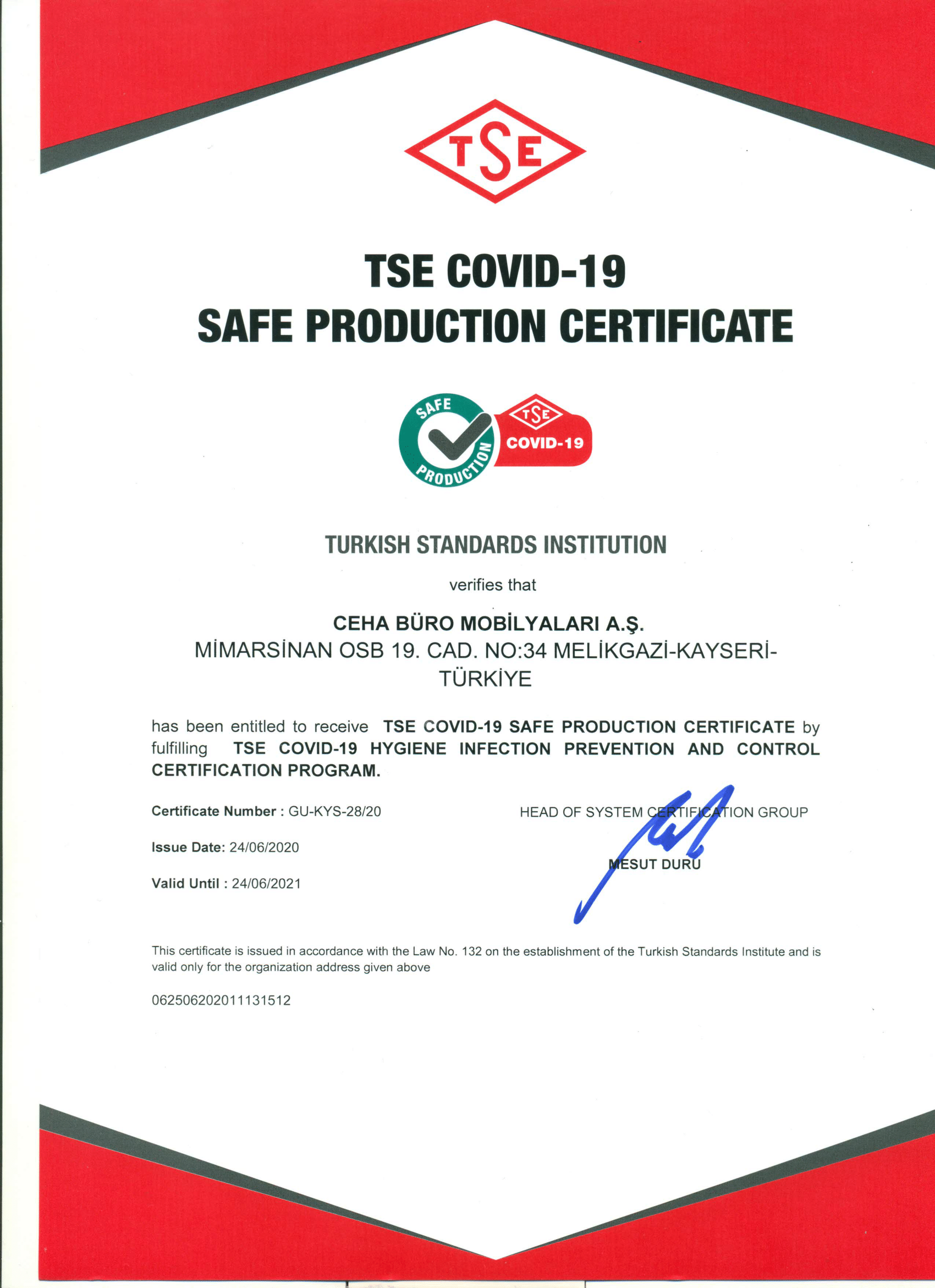 TSE COVID-19 SAFE PRODUCTION CERTIFICATE